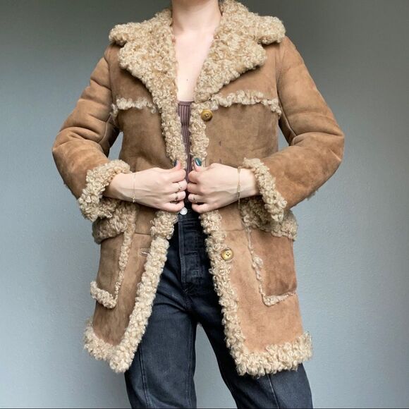 Vintage Womens Cottagecore Brown Tan Shearling Warm Winter Leather Jacket XS - Picture 1 of 10